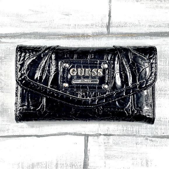 Guess Black Faux Leather Croc Embossed Long Wallet Card Holder Billfold Clutch - Picture 1 of 16